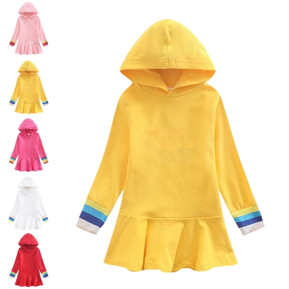 SGFCWSX Girls Long Sleeve Hooded Dress, Ruffled Hem Casual Dress with Rainbow Cuff Yellow Size 5-6 Years