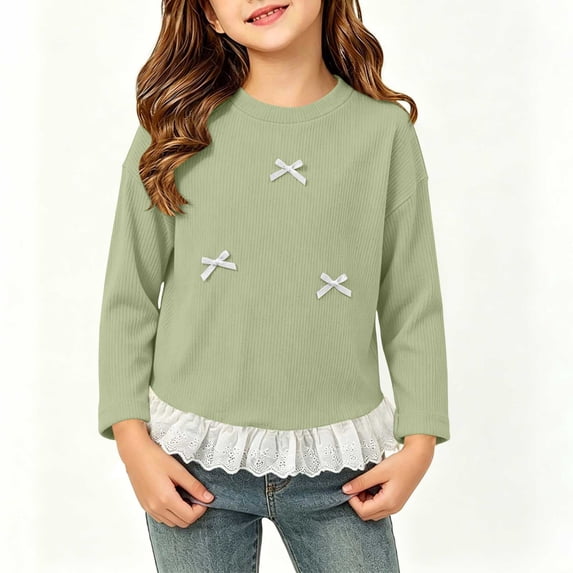 SGFCWSX Girls Long Sleeve Shirts Crew Neck Ribbed Lace Ruffle Hem Bow Soft Casual Party Layerable Pullover for Kids Green Size 11
