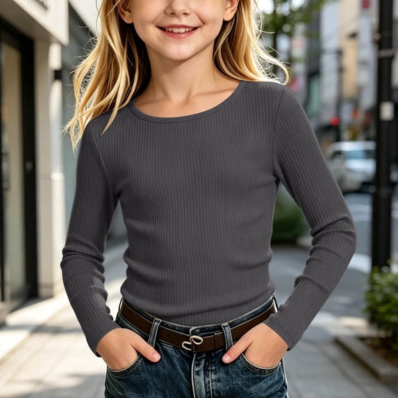 SGFCWSX Girls Long Sleeve Shirts Ribbed Crew Neck Slim Fit Stretchy Base Layer Casual Layering Undershirt for Kids Dark Gray Size 5T