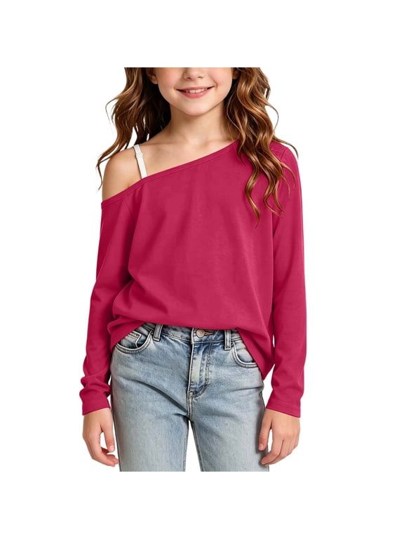 Girls Long Sleeve Tee Off Shoulder Loose Soft Breathable Casual Everyday Play Lightweight Pullover for Kids Hot Pink Size 12
