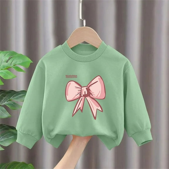 SGFCWSX Girls Long Sleeve Tops Fleece Bow Print Sweatshirt Kids Crew Neck Fall Casual Sweatshirts Green Size 6 Years