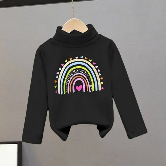 SGFCWSX Girls Long Sleeve Tops Fleece Lined Print Sweatshirt Kids High Neck Casual Winter Sweatshirts Black Size 8 Years