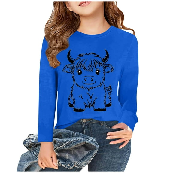 SGFCWSX Long Sleeve Shirts for Kids Girls Calf Print Tops Casual Fall T-Shirts Blue Size 7-8 Years