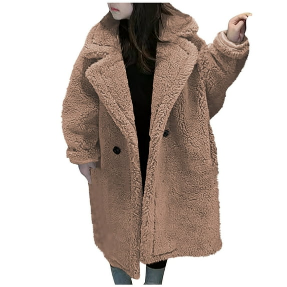 SGFCWSX Girls Long Teddy Coat Kids Winter Fleece Lined Oversized Jacket with Double Breasted Coffee Size 3-4 Years