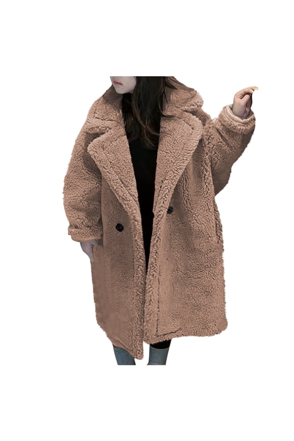 Girls Long Teddy Coat Kids Winter Oversized Fleece Lined Jacket with Double Breasted Coffee Size 7-8 Years