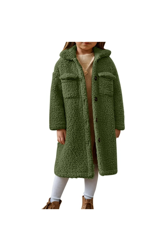Girls Long Teddy Coat with Pockets Kids Fleece Lined Winter Hooded Jacket Army Green Size 5-6 Years