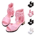 thumbnail image 1 of SGFCWSX Girls Low Heel Sandals Kids Lace Tassel Open Toe Zipper Wedding Party Flower Girl Dress Shoes Pink Size 8-9 Years, 1 of 9