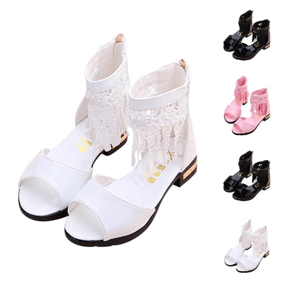 SGFCWSX Girls Low Heel Sandals Kids Lace Tassel Open Toe Zipper Wedding Party Flower Girl Dress Shoes White Size 4.5-5 Years