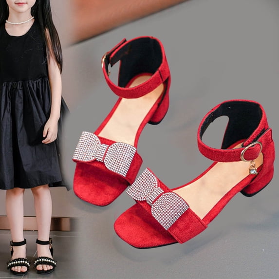 SGFCWSX Girls Low Heel Sandals Kids Rhinestone Bow Ankle Strap Open Toe Wedding Party Flower Girl Dress Shoes Red Size 5.5 Years