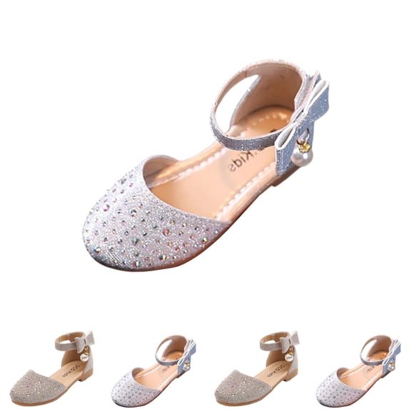 SGFCWSX Girls Mary Jane Shoes Glitter Rhinestone Ankle Strap Bow Pearl Accent Closed Toe Flat Princess Shoes for Pageant Party Use Silver Size 1 Big Kids