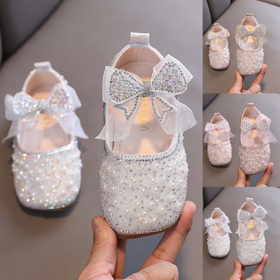 SGFCWSX Girls Mary Jane Shoes Kids Rhinestone Pearl Bow Organza Sparkly Flower Girl Flats Silver Size 11 Little Kids