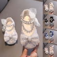 thumbnail image 1 of SGFCWSX Girls Mary Jane Shoes Kids Sparkly Sequin Pearl Ankle Strap Organza Bow Wedding Party Flats Beige Size 11 Little Kids, 1 of 7