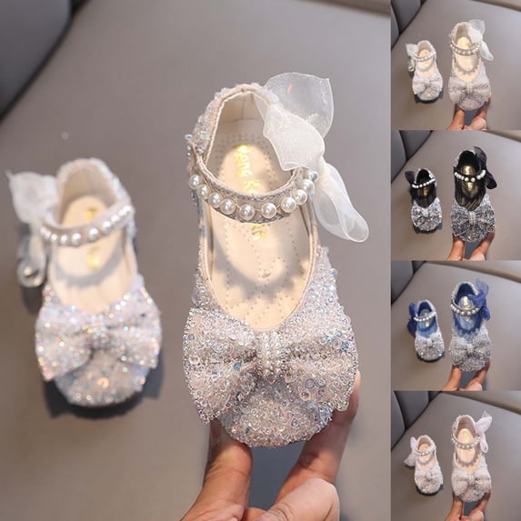 SGFCWSX Girls Mary Jane Shoes Kids Sparkly Sequin Pearl Ankle Strap Organza Bow Wedding Party Flats Beige Size 11 Little Kids