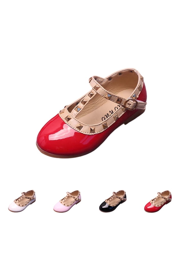 Girls Mary Jane Shoes Kids Studs Patent Leather Ankle Strap Casual Daily Flats Red Size 11.5 Little Kids