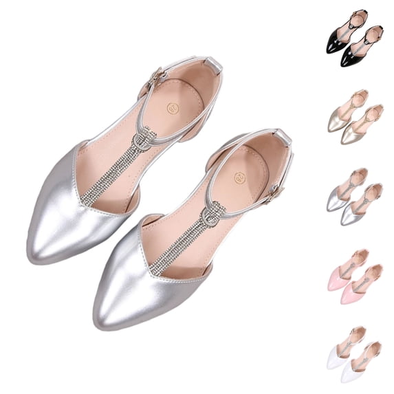 SGFCWSX Girls Mary Jane Shoes Pointed Toe Rhinestone T-Strap Ankle Strap Closed Toe Dress Shoes for Party Daily Wear Silver Size 13 Little Kids