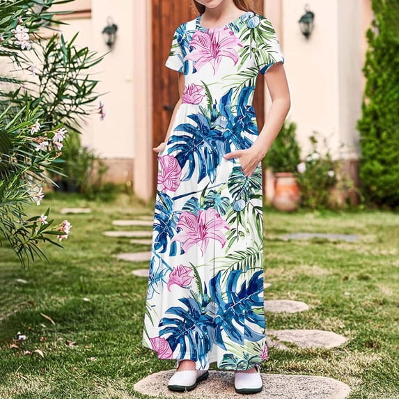 SGFCWSX Girls Maxi Dress Print Short Sleeve with Pockets Summer Casual Round Neck Elastic Waist Kids Long Dress Multicolor Size 11 Years