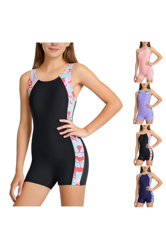 Girls One Piece Swimsuit Boyleg Racerback Athletic Print Bathing Suit for Teens Swim Lessons Pool Black Size 12-13 Years