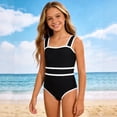 thumbnail image 1 of SGFCWSX Girls One Piece Swimsuit Color Block Wide Strap Square Neck Bathing Suit for Kids Beach Pool Black Size 9 Years, 1 of 9