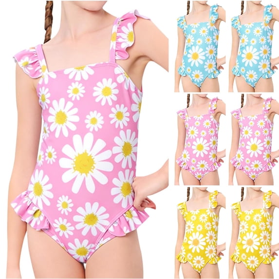 SGFCWSX Girls One Piece Swimsuit Floral Print Ruffle Trim Bathing Suit for Kids Beach Pool Swimwear Pink Size 4-5 Years