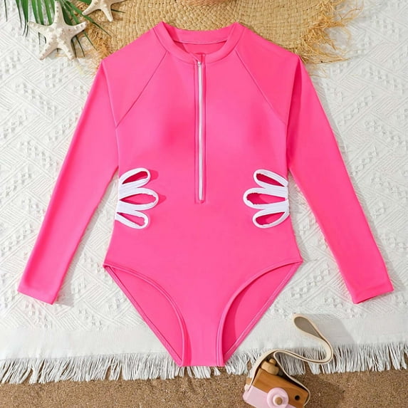 SGFCWSX Girls One Piece Swimsuit Long Sleeve Floral Cutout Side Rash Guard Half Zip Bathing Suit for Kids Beach Pool Hot Pink Size 6 Years