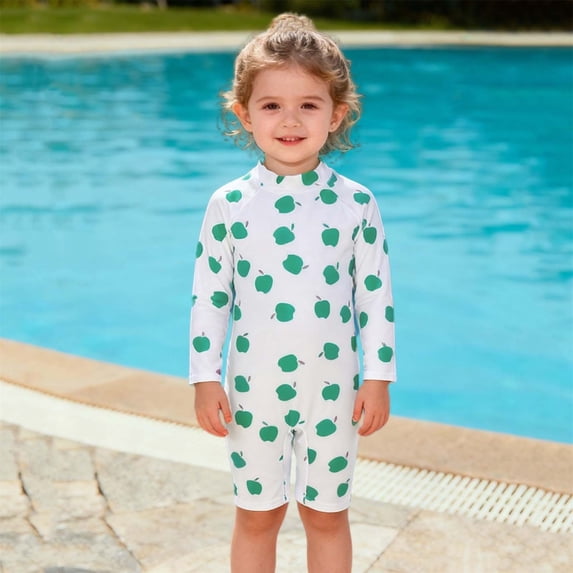 SGFCWSX Girls One Piece Swimsuit Rash Guard Cute Print Long Sleeve Knee Length Bathing Suit for Kids Beach Pool Swim Lessons Green Size 0 Months
