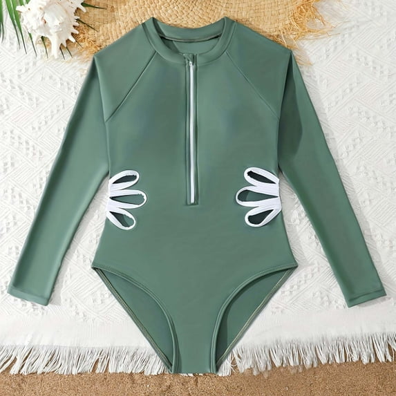 SGFCWSX Girls One Piece Swimsuit Rash Guard Floral Cutout Side Long Sleeve Half Zip Bathing Suit for Kids Beach Pool Army Green Size 8 Years