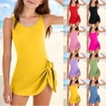 thumbnail image 1 of SGFCWSX Girls One Piece Swimsuit Solid Color Tie Side Swim Dress Skirted Bathing Suit for Kids Beach Pool Vacation Yellow Size 11-12 Years, 1 of 8