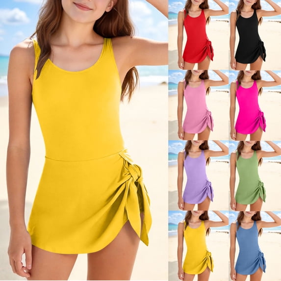 SGFCWSX Girls One Piece Swimsuit Solid Color Tie Side Swim Dress Skirted Bathing Suit for Kids Beach Pool Vacation Yellow Size 11-12 Years