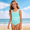 thumbnail image 1 of SGFCWSX Girls One Piece Swimsuit Wide Strap Square Neck Color Block Bathing Suit for Teens Beach Pool Light Blue Size 13 Years, 1 of 9