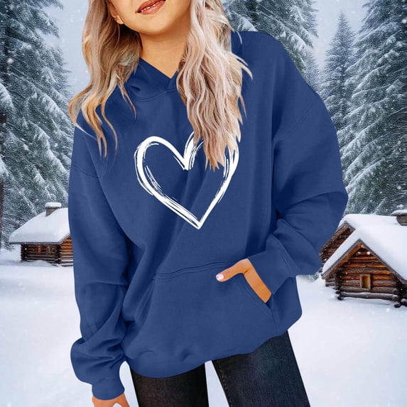SGFCWSX Girls Oversized Heart Print Hoodie, Teens Pullover Comfortable with Pocket Soft Sweatshirt for Daily Casual Wear Blue Size 13-14 Years