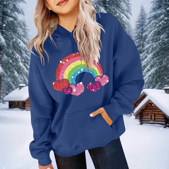 SGFCWSX Girls Oversized Heart Print Hoodie, Teens Soft with Pocket Fahion Pullover Sweatshirt for Daily Casual Wear Blue Size 13-14 Years