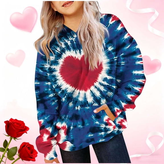 SGFCWSX Girls Oversized Hoodie, Kids Tie Dye with Pocket Comfort Heart Print Pullover Sweatshirt for Casual Daily Wear Red Size 3-4 Years