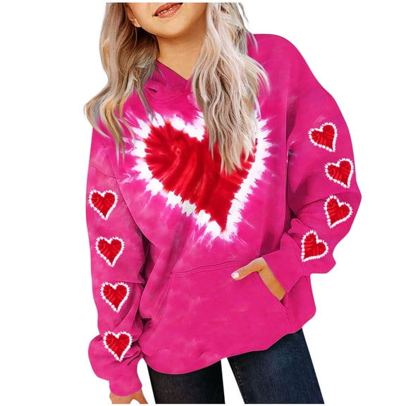 SGFCWSX Girls Oversized Hoodie, Teens Comfort Heart Print with Pocket Pullover Sweatshirt for Casual Daily Wear Hot Pink Size 13-14 Years