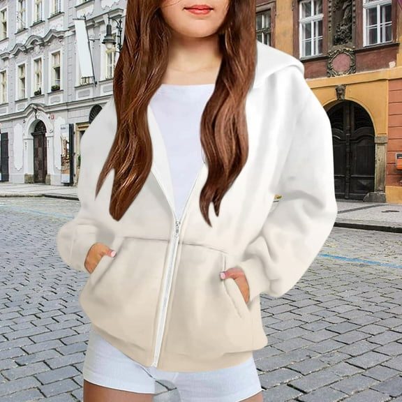 SGFCWSX Girls Oversized Hoodies Zip Up Fleece Sweatshirts Kids Gradient Long Sleeve Sweatshirt Jacket Beige Size 11 Years