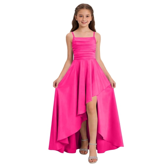 SGFCWSX Girls Pageant Dress Spaghetti Strap Satin High Low Hem Ruched Wedding Party Dresses for Teens Pink Size 13
