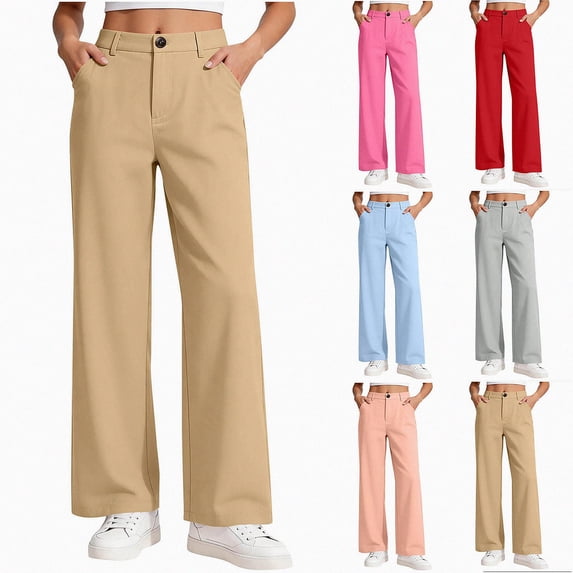 SGFCWSX Girls Pants, Classic Straight Leg School Uniform Trousers with Button Closure for Daily Wear Khaki Size 11