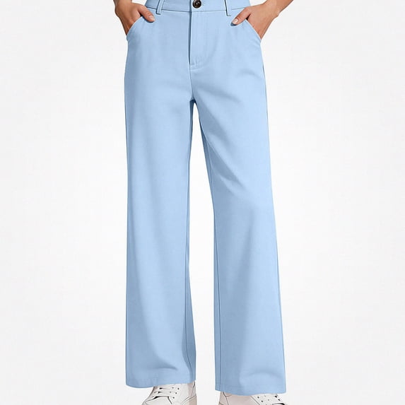 SGFCWSX Girls Pants, Classic Straight Leg School Uniform Trousers with Button Closure for Daily Wear Light Blue Size 9