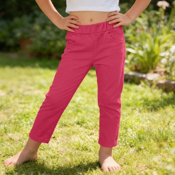 SGFCWSX Girls Pants Straight Leg Elastic Waist with Pockets Casual Daily Trousers for Kids Hot Pink Size 12 Years