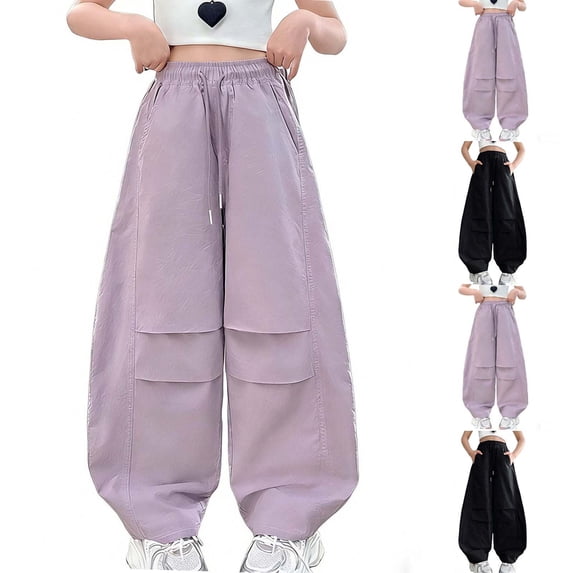 SGFCWSX Girls Parachute Pants Elastic Waist Wide Leg Baggy Lightweight Breathable Loose Casual Y2K Pants for Kids Daily Wear Purple Size 10-11 Years