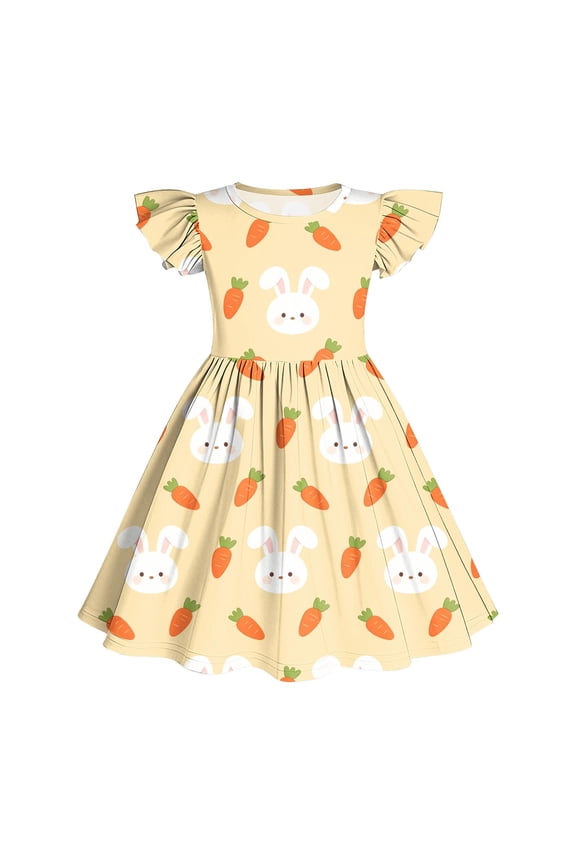 Girls Party Dress Bunny Print Ruffle Short Sleeve Twirl Dress for Casual Daily Wear Yellow Size 13-14 Years
