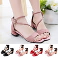 thumbnail image 1 of SGFCWSX Girls Party Sandals Kids Low Heel Open Toe Crisscross Ankle Strap Buckle Wedding Flower Girl Dress Shoes Pink Size 10-11 Years, 1 of 10