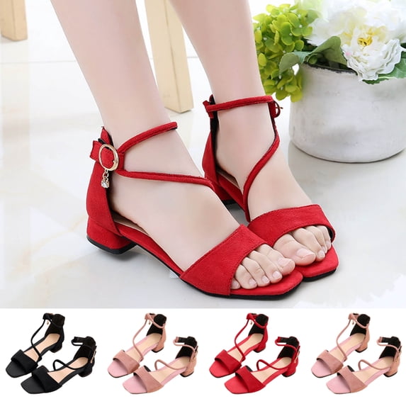 SGFCWSX Girls Party Sandals Kids Low Heel Open Toe Crisscross Ankle Strap Buckle Wedding Flower Girl Dress Shoes Red Size 7-8 Years