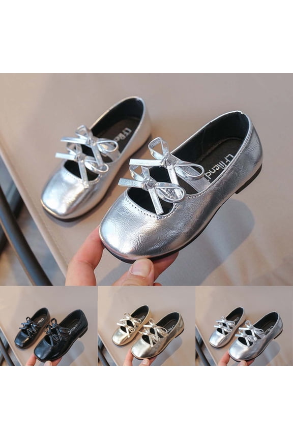 Girls Party Shoes Kids Metallic Double Bow Square Toe Casual Dress Flats Silver Size 2.5 Big Kids