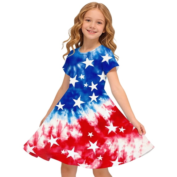 SGFCWSX Girls Patriotic Star Print Dress Short Sleeve Round Neck A-Line Flowy 4th of July Casual Sundress Multicolor Size 7 Years