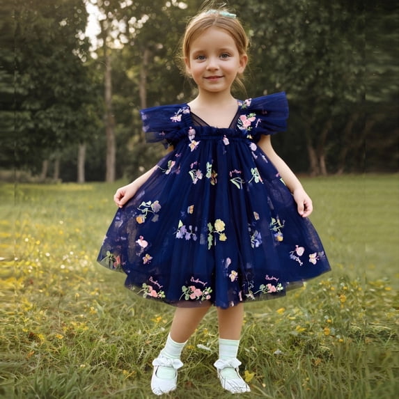 SGFCWSX Girls Princess Dress Butterfly Back Floral Embroidery Ruffle Flutter Sleeve Tulle Tutu Dress for Birthday Party Navy Size 2-3 Years