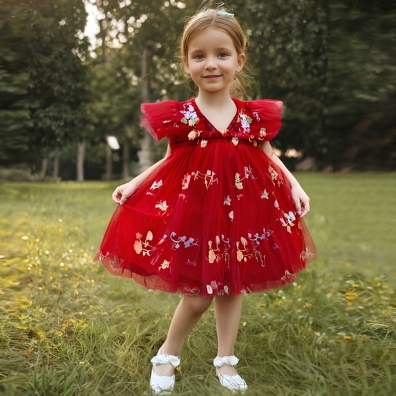 SGFCWSX Girls Princess Dress Ruffle Flutter Sleeve Butterfly Back Floral Embroidery Tulle Tutu Dress for Birthday Party Red Size 2-3 Years