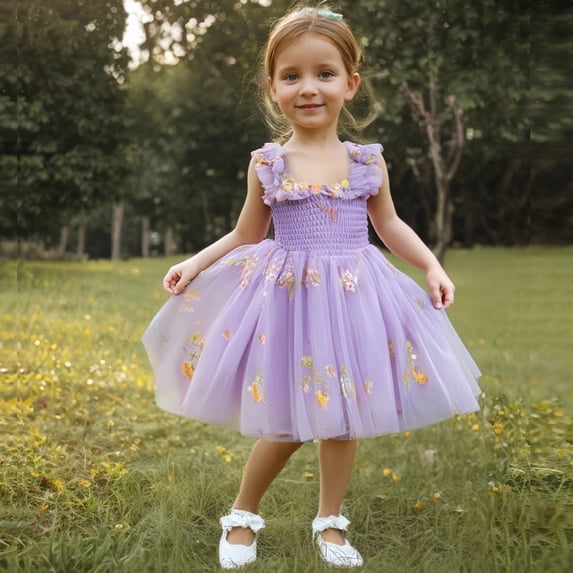 SGFCWSX Girls Princess Dress Ruffle Sleeve Butterfly Back Floral Embroidery Puffy Tutu Dress for Birthday Party Purple Size 3-4 Years
