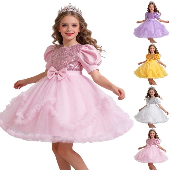 SGFCWSX Girls Princess Dress Sequin Puff Short Sleeve Bow Waist Ruffle Tulle Ball Gown for Birthday Party Wedding Flower Girl Pink Size 7-8 Years