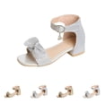 thumbnail image 1 of SGFCWSX Girls Princess Sandals Glitter Bow Ankle Strap Low Block Heel Open Toe Rhinestone Decor Summer Sandals for Wedding Daily Party Wear Silver Size 1 Big Kids, 1 of 10