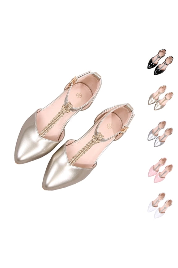 Girls Princess Shoes Pointed Toe Rhinestone T-Strap Ankle Buckle Patent Leather Dress Shoes for Pageant Wedding Daily Use Gold Size 11 Little Kids